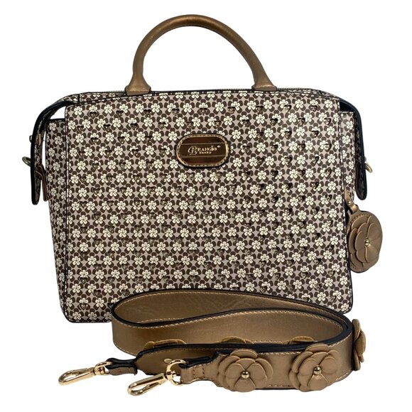 Brangio Italy Embellished Floral Print Handbag Detachable Strap Gold Accents - Picture 1 of 16